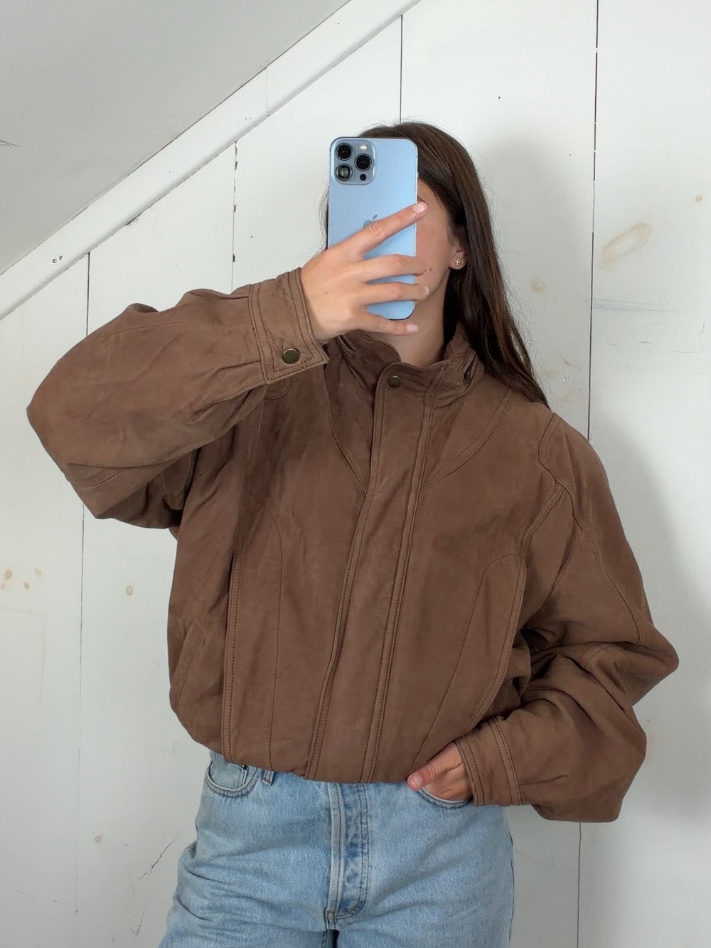 Vintage Brown Genuine Leather Bomber Jacket Mens Large Funnel Neck Stowaway Hood
